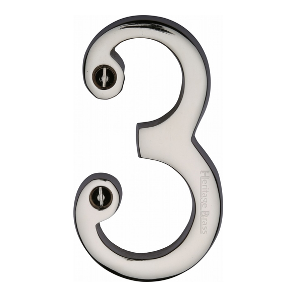 C1561 3-PNF • 76mm • Polished Nickel • Heritage Brass Face Fixing Numeral 3